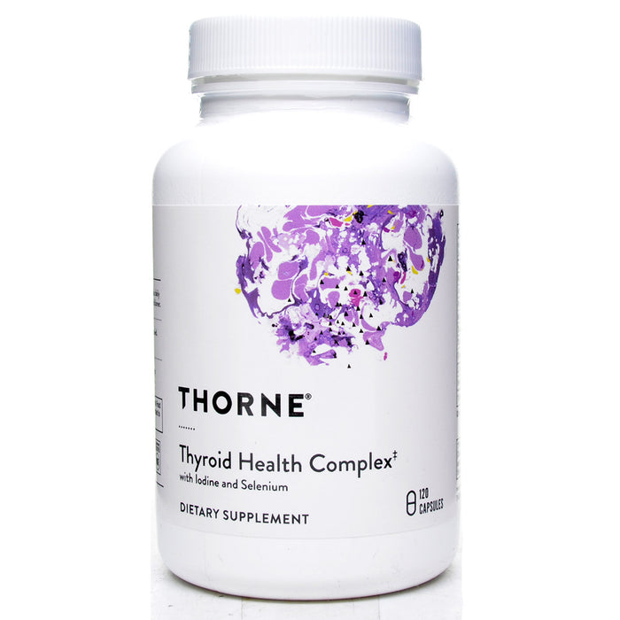 A white plastic bottle of Thorne Thyroid Health Complex dietary supplement with a white cap and a purple floral graphic on the label, shown on a clean white background.