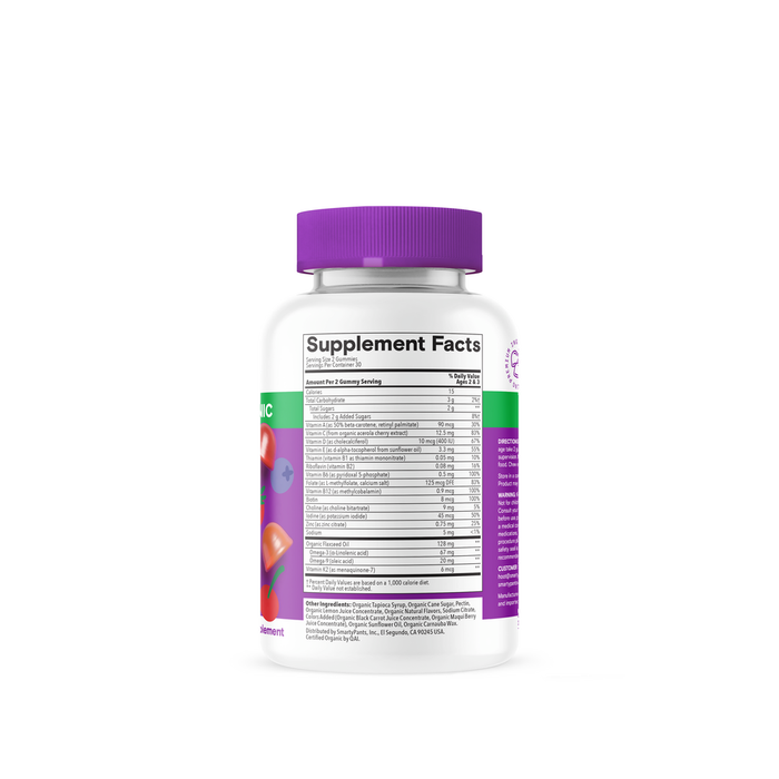Toddler Organic Multi & Omegas 60 Gummies by SmartyPants Vitamins supplement facts label
