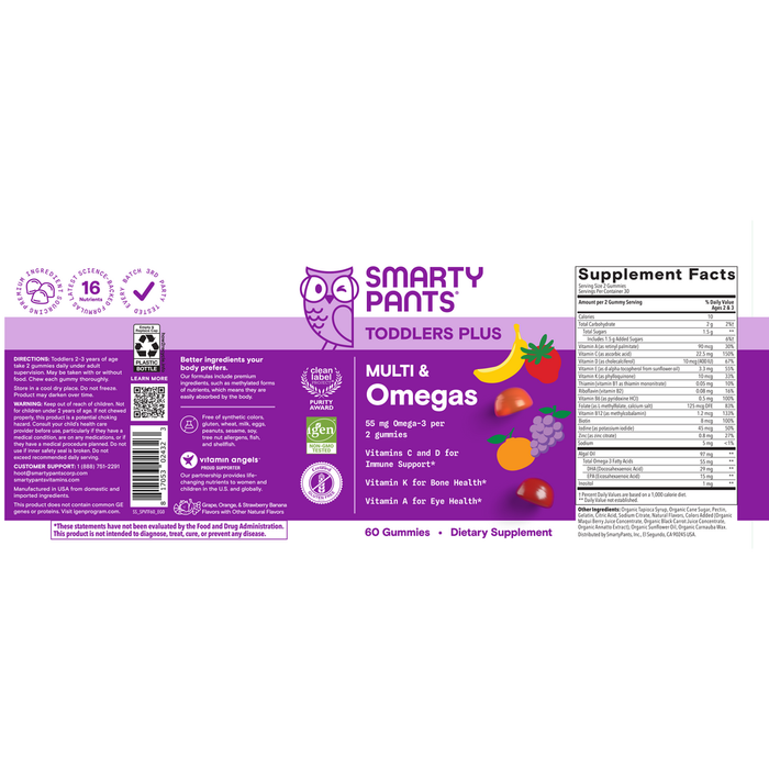 Toddler Plus Multi & Omegas 60 Gummies by SmartyPants Vitamins information label 
