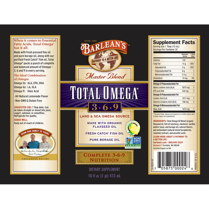 Total Omega 16 fl oz by Barlean's Organic Oils recommendations label