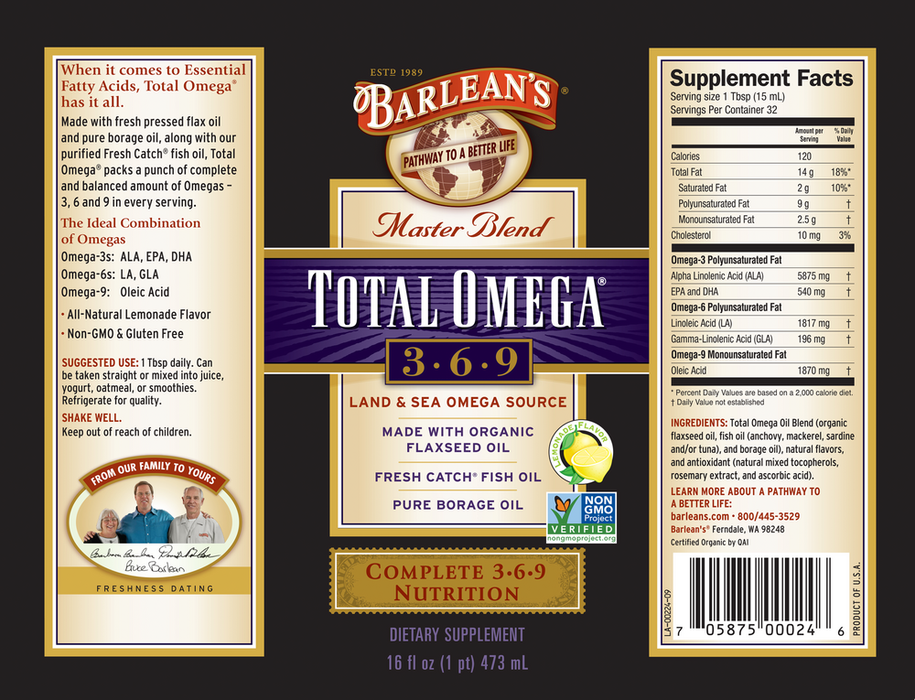 Total Omega 16 fl oz by Barlean's Organic Oils recommendations label
