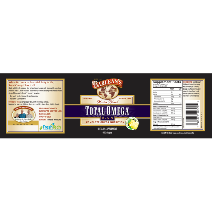 Total Omega 90 Softgels by Barlean's Organic Oils recommendations label
