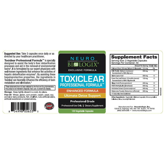 Toxiclear Professional Formula 120 Capsules by Neurobiologix Supplement Facts Label