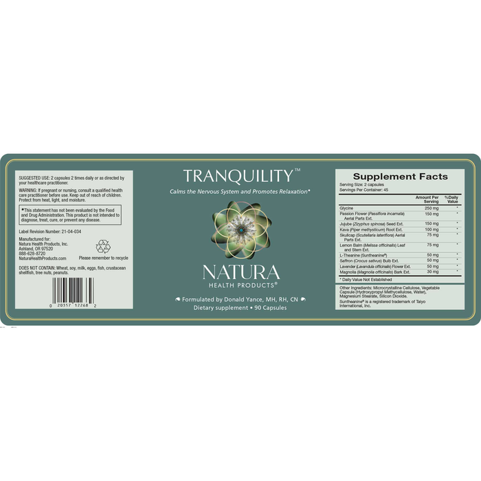 Tranquility 90 Capsules by Natura Health Products Supplement Facts Label