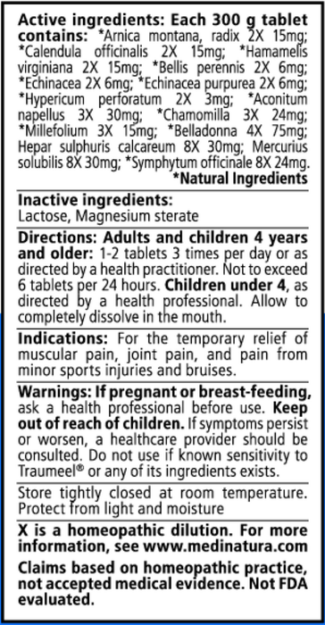 Traumeel Tablets 100 Tablets by MediNatura  supplement facts
 label
