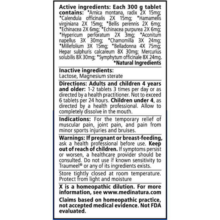 Traumeel Tablets 100 Tablets by MediNatura  supplement facts
 label
