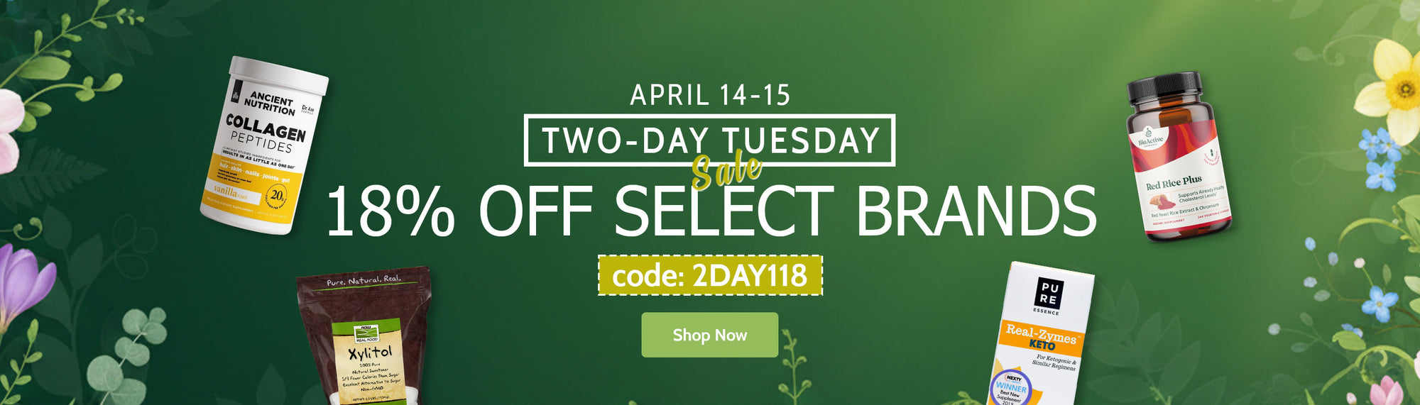 Promotional banner for a two-day sale on select brands with product images and a discount code.