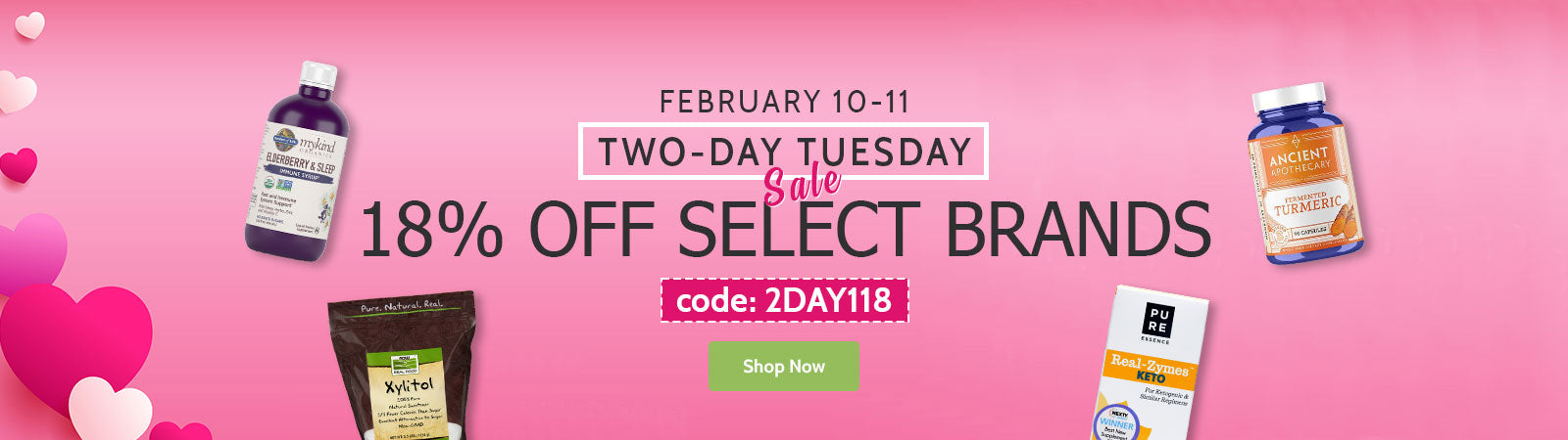 Promotional banner for a two-day sale with discounts on select brands, featuring products and a discount code on a pink background.