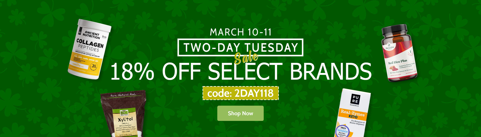 Promotional banner for a two-day sale with discounts on select brands, featuring various products on a green background.