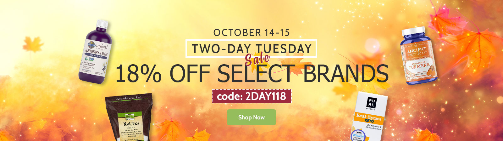 Promotional banner for a two-day sale with product images and a discount code on a colorful background.