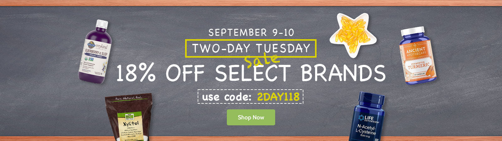 Promotional banner for a two-day sale with discounts on select brands, featuring products and a chalkboard background.