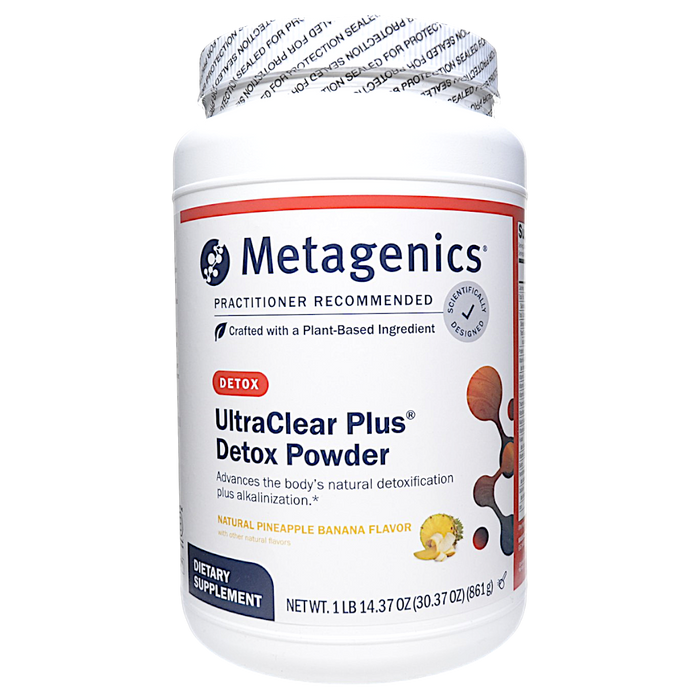 Metagenics UltraClear Plus Detox Powder pineapple banana flavor container on a white background