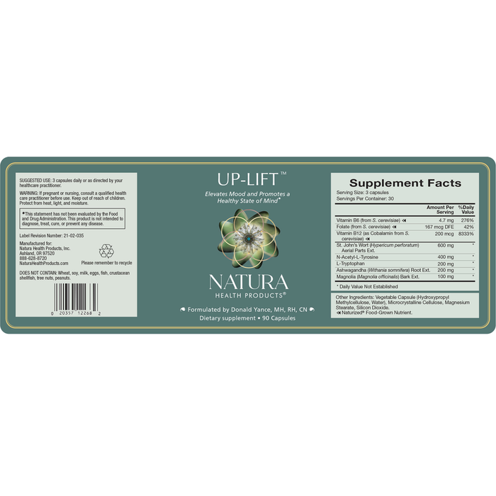 Up-Lift 90 Capsules by Natura Health Products Supplement Facts Label