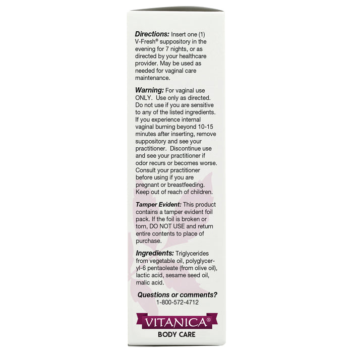 V- Fresh Vaginal pH Support 14 Suppositories by Vitanica information label
