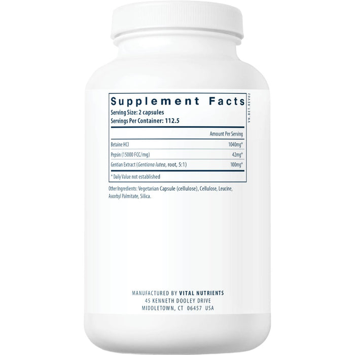 Supplement Facts Betaine HCL w/Pepsin & Gentian 225 caps