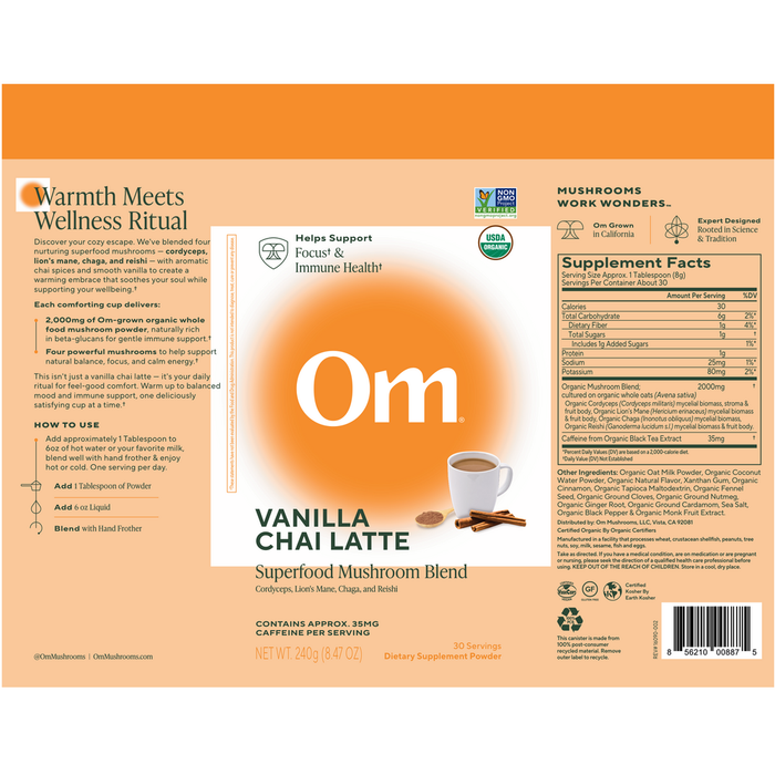 Vanilla Chai Latte 30 Servings by Om Mushroom information label