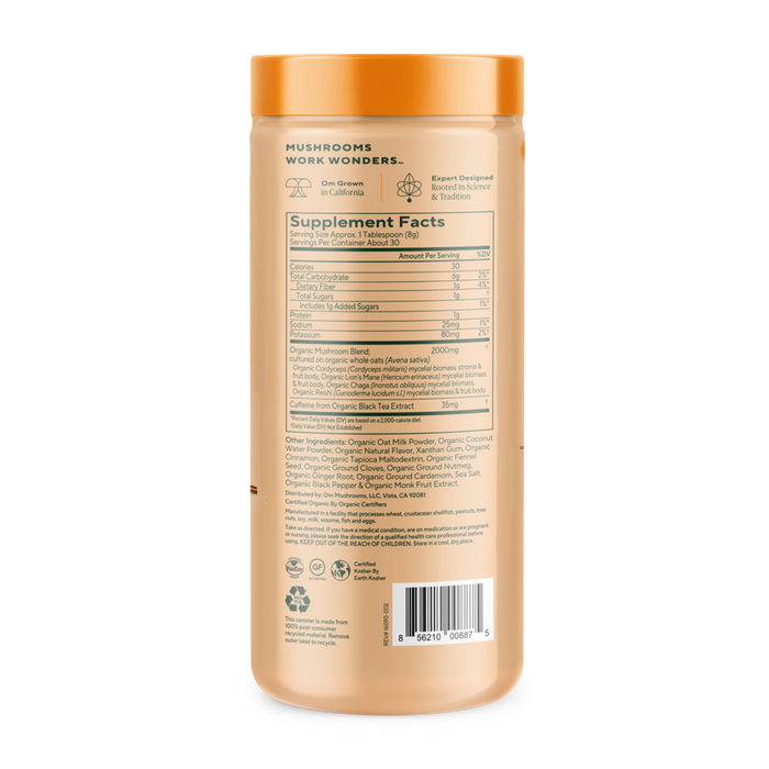 Vanilla Chai Latte 30 Servings by Om Mushroom supplement facts label