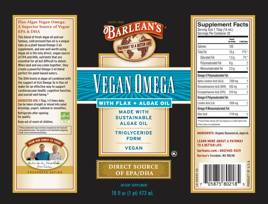 Vegan Omega; Flax & Algae Oil Blend 16 fl oz by Barlean's Organic Oils recommendations label