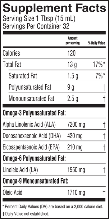 Vegan Omega; Flax & Algae Oil Blend 16 fl oz by Barlean's Organic Oils supplement facts label