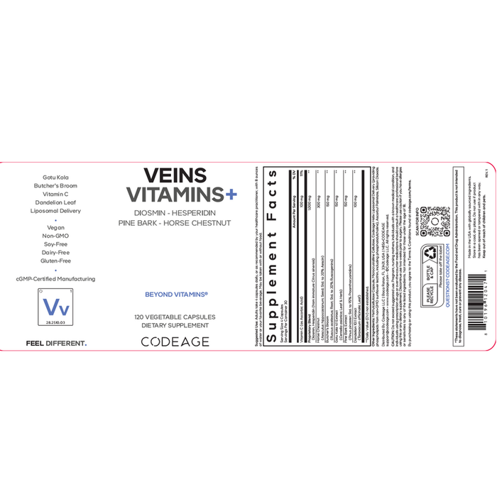 Veins Vitamins+ 120 Capsules by CodeAge information label
