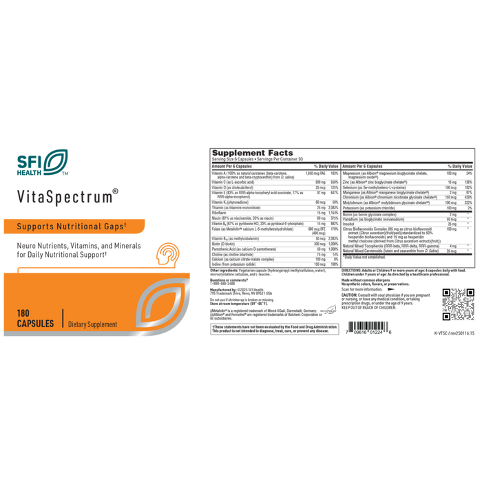 VitaSpectrum 180 Capsules by Klaire Labs information label