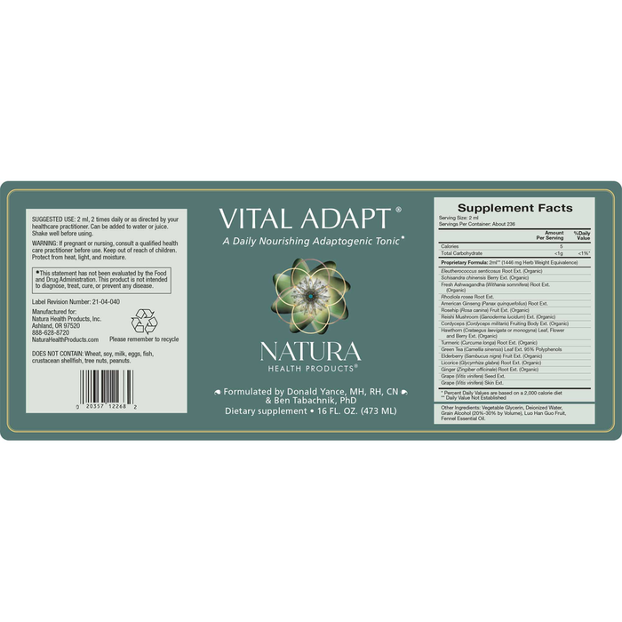 Vital Adapt Liquid by Natura Health Products 16 fl oz Supplement Facts Label