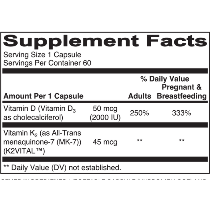 Needed Vitamin D3+K2 supplement bottle, Supplement Facts