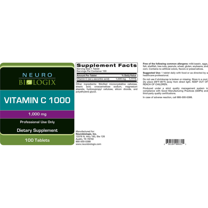 Vitamin C 1000 100 Tablets by Neurobiologix Supplement Facts