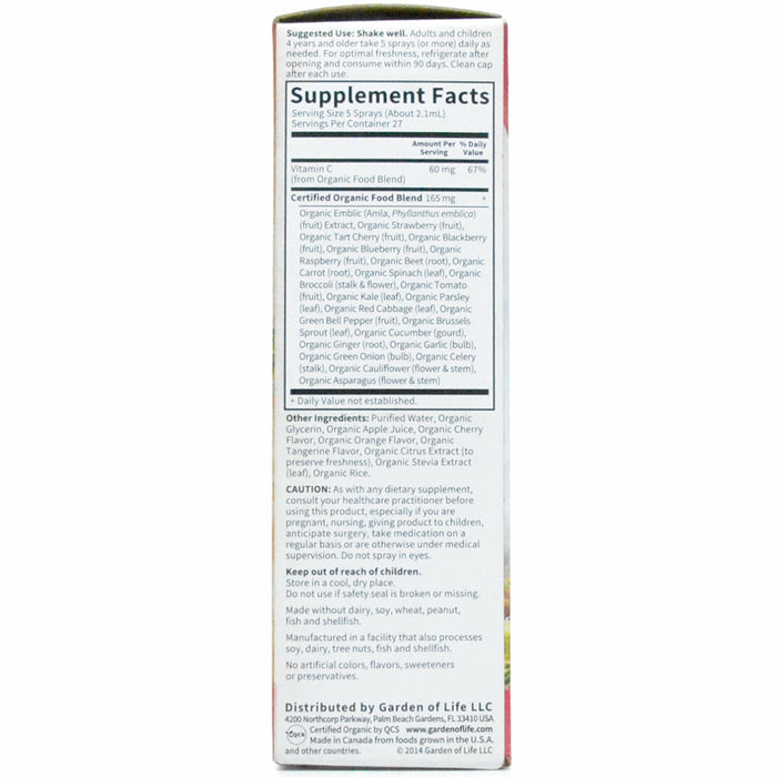 Supplement Facts label for Mykind Organics Vitamin C Spray 2 oz by Garden Of Life