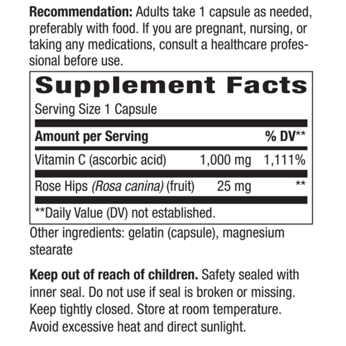 Nature's Way, Vitamin C with Rose Hips Extra Strength Supplement Facts