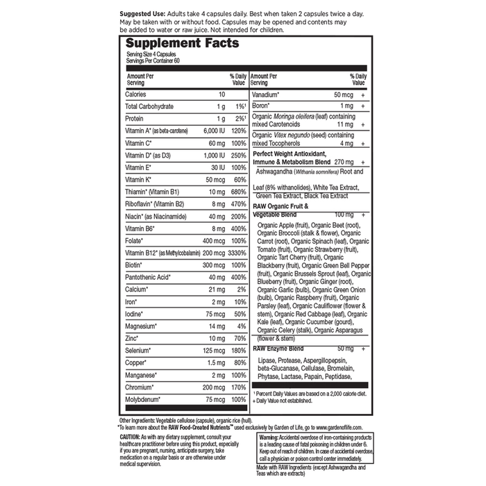 Vitamin Code Perfect Weight Multi 240 Capsules by Garden of Life supplement facts label
