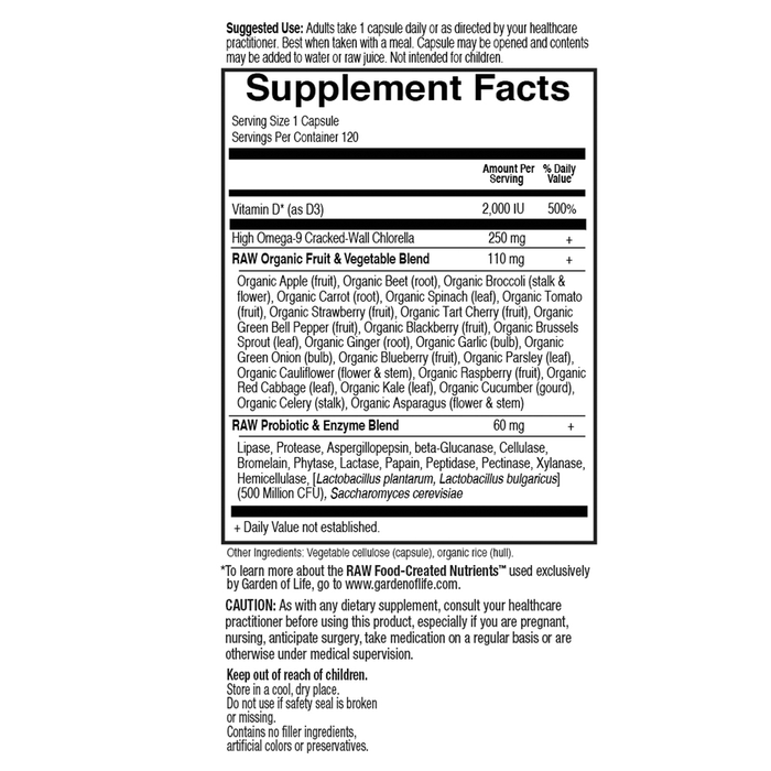 Vitamin Code RAW D3 2000IU by Garden of Life 120 capsules supplement facts label
