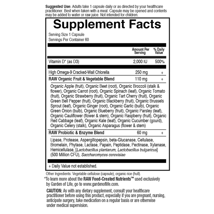Vitamin Code RAW D3 2000IU by Garden of Life supplement facts label
