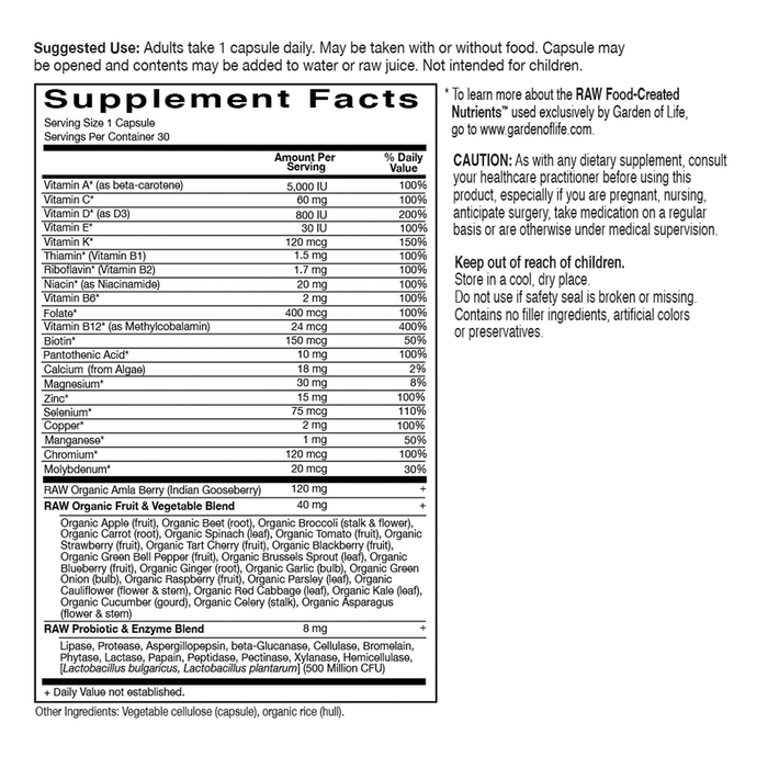 Vitamin Code RAW One for Men by Garden of Life 30 capsules supplement facts label
