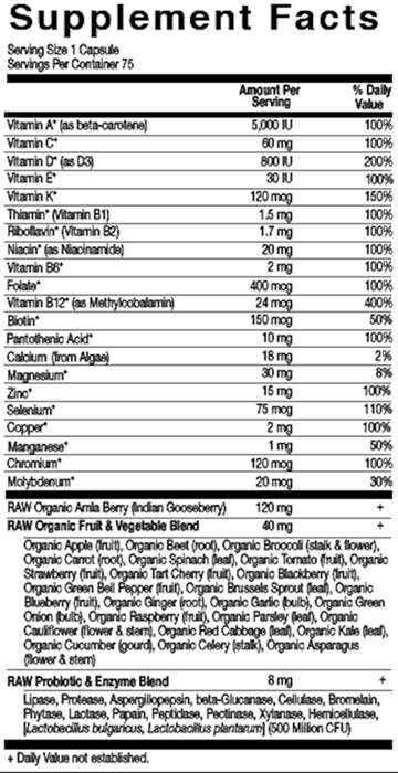 Vitamin Code RAW One for Men by Garden of Life 75 capsules supplement facts label
