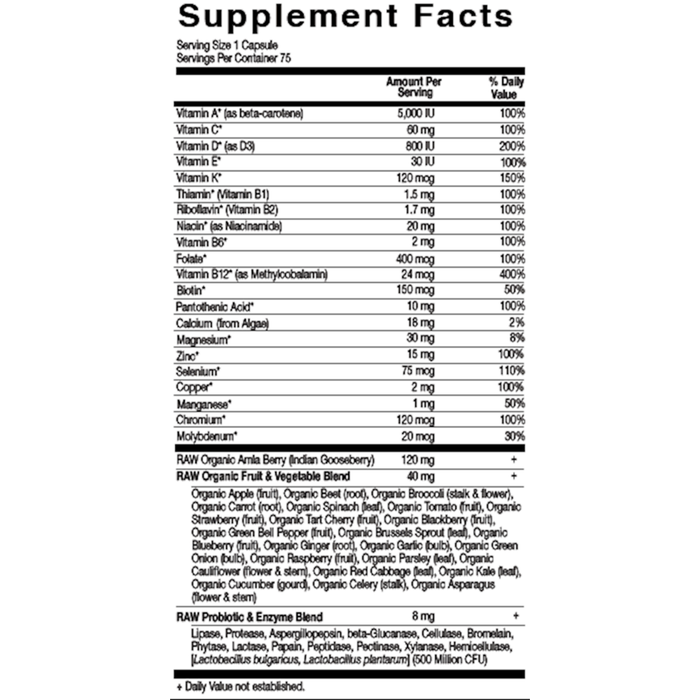 Vitamin Code RAW One for Men by Garden of Life 75 capsules supplement facts label
