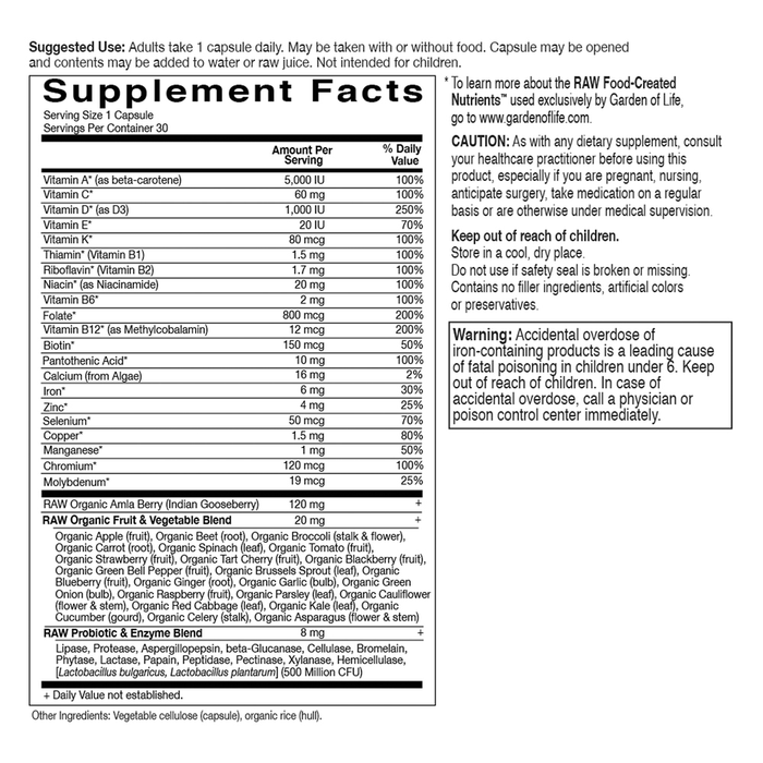 Vitamin Code RAW One for Women by Garden of Life 30 capsules supplement facts label
