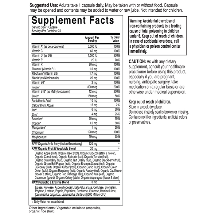 Vitamin Code RAW One for Women by Garden of Life 75 capsules supplement facts label
