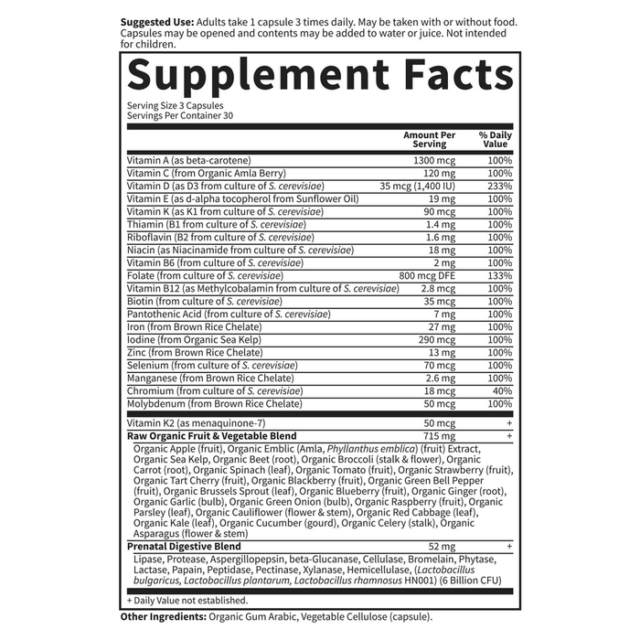 Vitamin Code RAW Prenatal by Garden of Life 180 capsules supplement facts label
