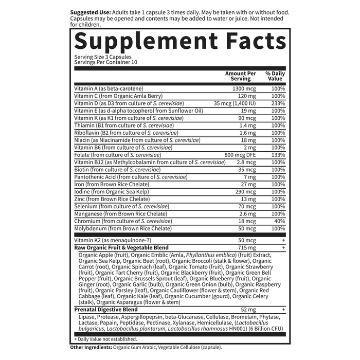 Vitamin Code RAW Prenatal by Garden of Life 30 capsules supplement facts label