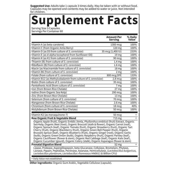 Vitamin Code RAW Prenatal by Garden of Life 90 capsules supplement facts label
