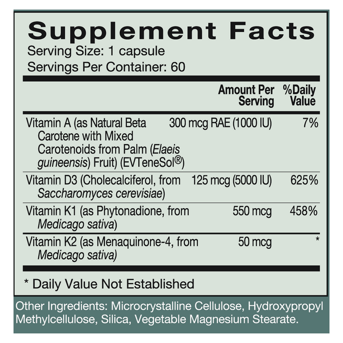 Vitamin D-A-K 60 Capsules by Natura Health Products Supplement Facts Label