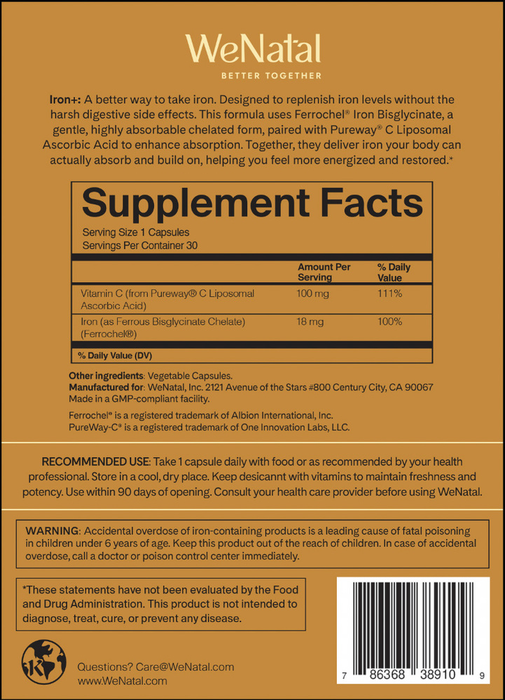 WeNatal Iron+ 30 Capsules by WeNatal supplement facts label
