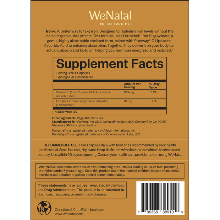 WeNatal Iron+ 30 Capsules by WeNatal supplement facts label
