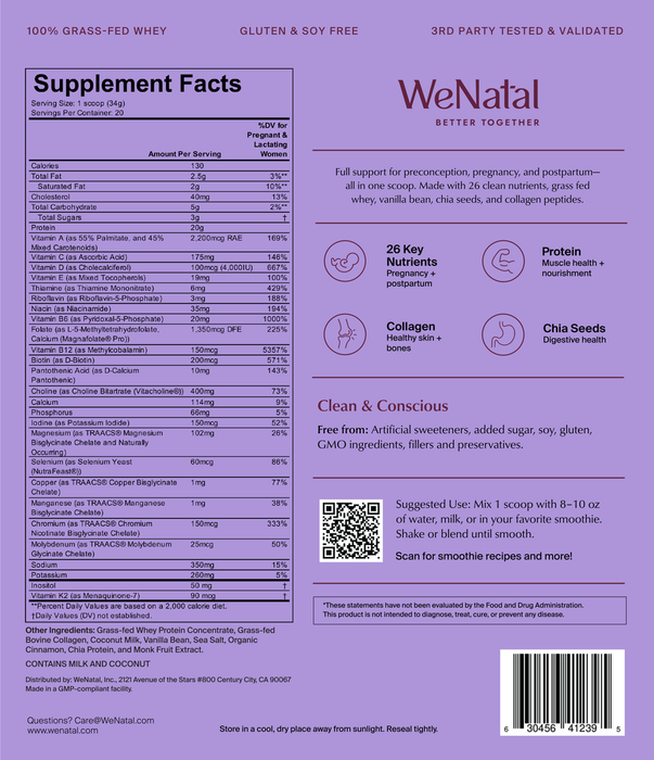 WeNatal Prenatal Protein+ for Her 20 Servings by WeNatal supplement facts label
