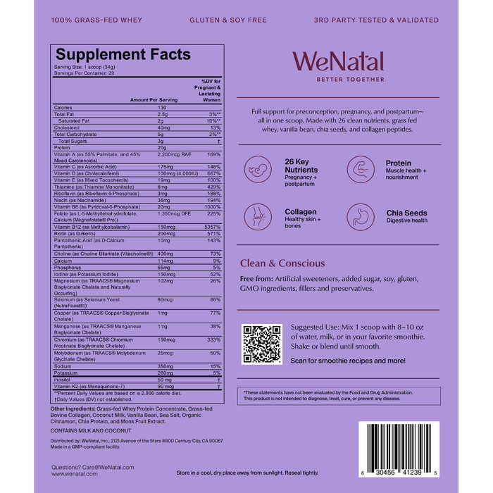 WeNatal Prenatal Protein+ for Her 20 Servings by WeNatal supplement facts label
