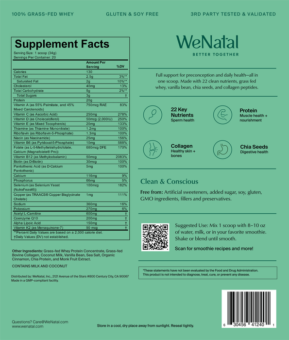 WeNatal Prenatal Protein+ for Him 20 Servings by WeNatal supplement facts label

