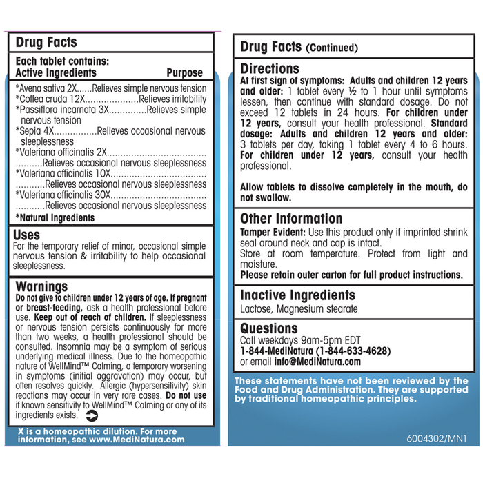 WellMind Calming 100 Tablets by MediNatura information label
