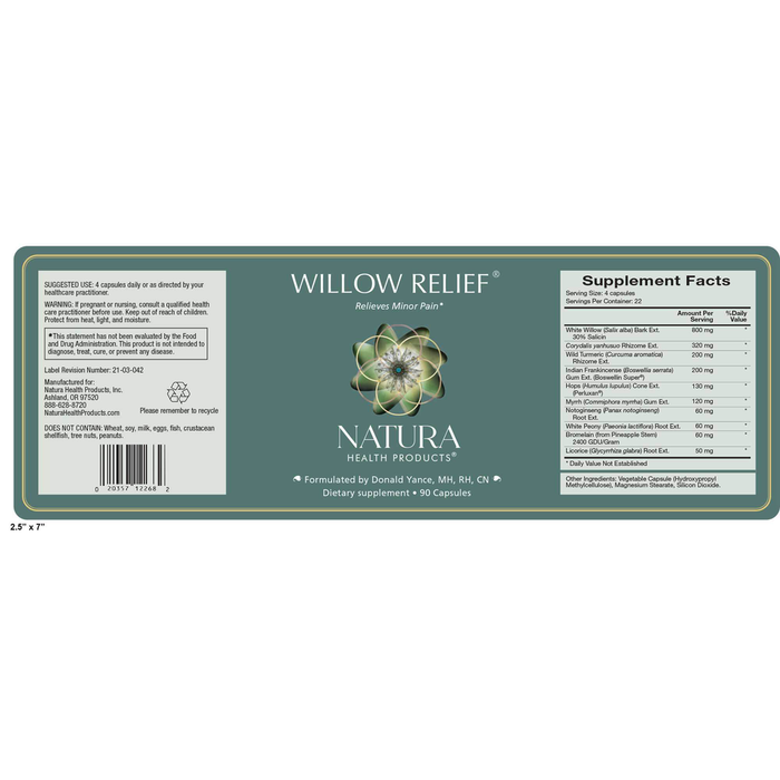 Willow Relief 90 Capsules by Natura Health Products Supplement Facts