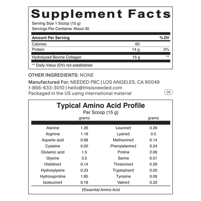 Needed Collagen Protein 450g – Pasture-Raised Bovine Collagen Peptides for Pregnancy & Postpartum Recovery - Supplement Facts